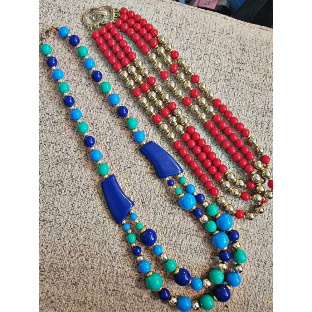 Set Of 2 #Vintage 1980's Colorful Beaded #Multi-strand Statement Necklaces
